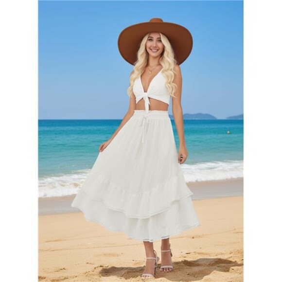 Maxi Skirts High Waist Drawstring with Pockets White - Picture 4 of 6